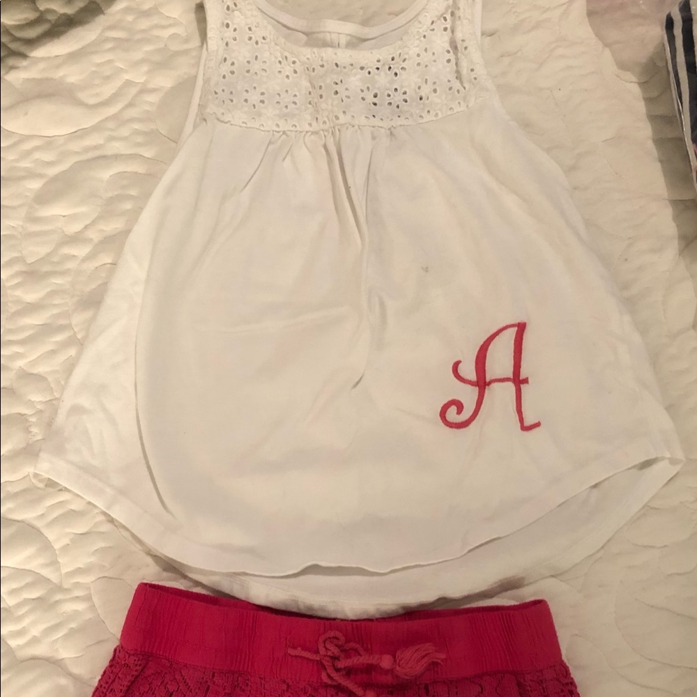 Letter “A” matching set with pink shorts